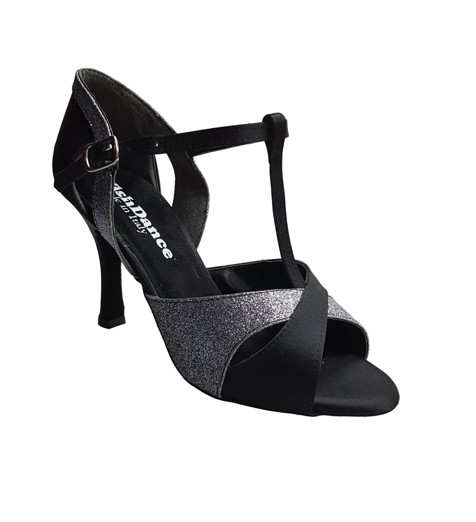Scarpa da donna Wish Dance Shop in raso e seta neri con dettagli glitter grigio carbonio, elegante e confortevole.