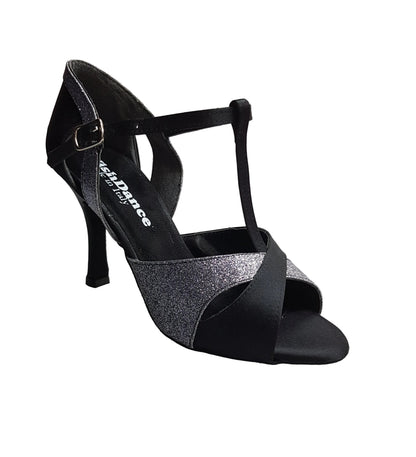 Scarpa da donna Wish Dance Shop in raso e seta neri con dettagli glitter grigio carbonio, elegante e confortevole.