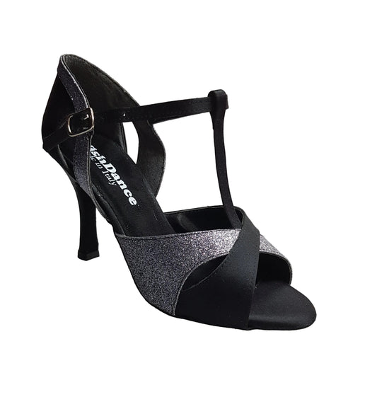Scarpa da donna Wish Dance Shop in raso e seta neri con dettagli glitter grigio carbonio, elegante e confortevole.