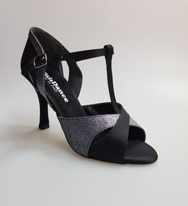 32QTN (1100) - Women's Shoe in Black Satin Silk and Carbon gray Glitter