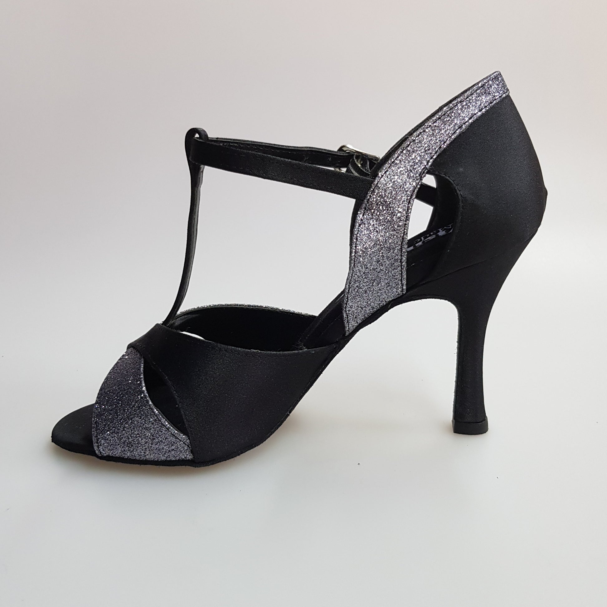 Scarpa da donna Wish Dance Shop 32QTN in raso e seta nera con dettagli glitter grigio carbonio, suola liscia e design elegante