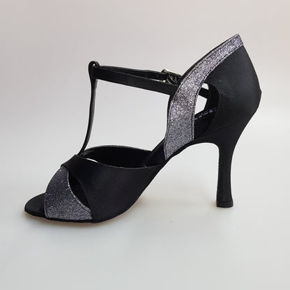 Scarpa da donna Wish Dance Shop 32QTN in raso e seta nera con dettagli glitter grigio carbonio, suola liscia e design elegante