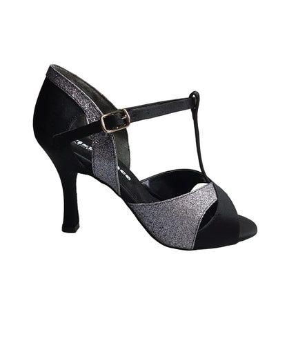 Scarpa da donna Wish Dance Shop in raso di seta nero con dettagli glitter grigio carbonio, elegante e comoda per ballo.