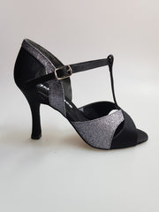 Load image into Gallery viewer, 32QTN (1100) - Women&#39;s Shoe in Black Satin Silk and Carbon gray Glitter
