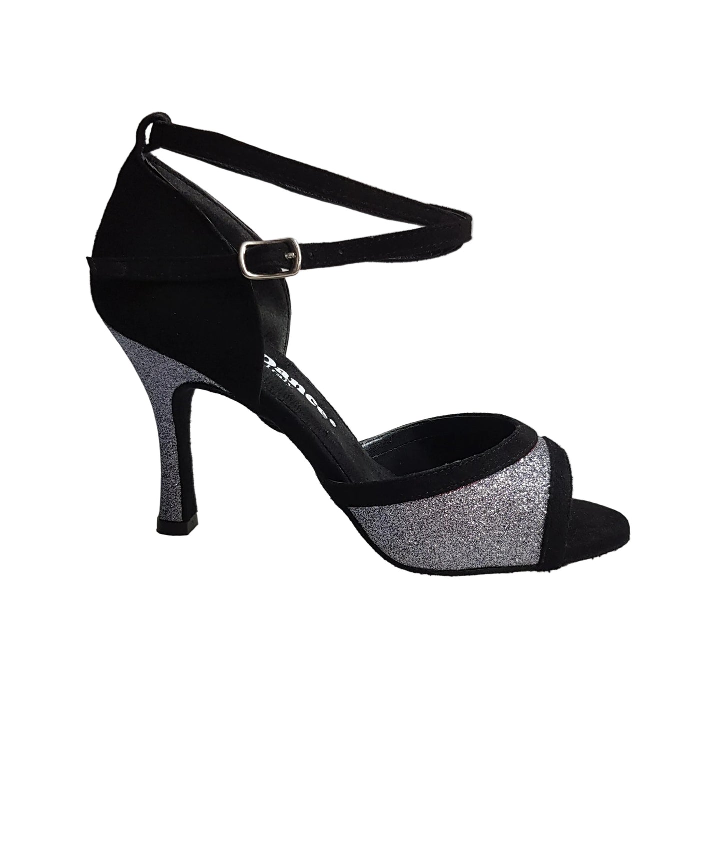 Sandalo donna Wendi/BO-N Wish Dance Shop in camoscio nero e glitter grigio carbonio, con cinturino e suola in gomma.