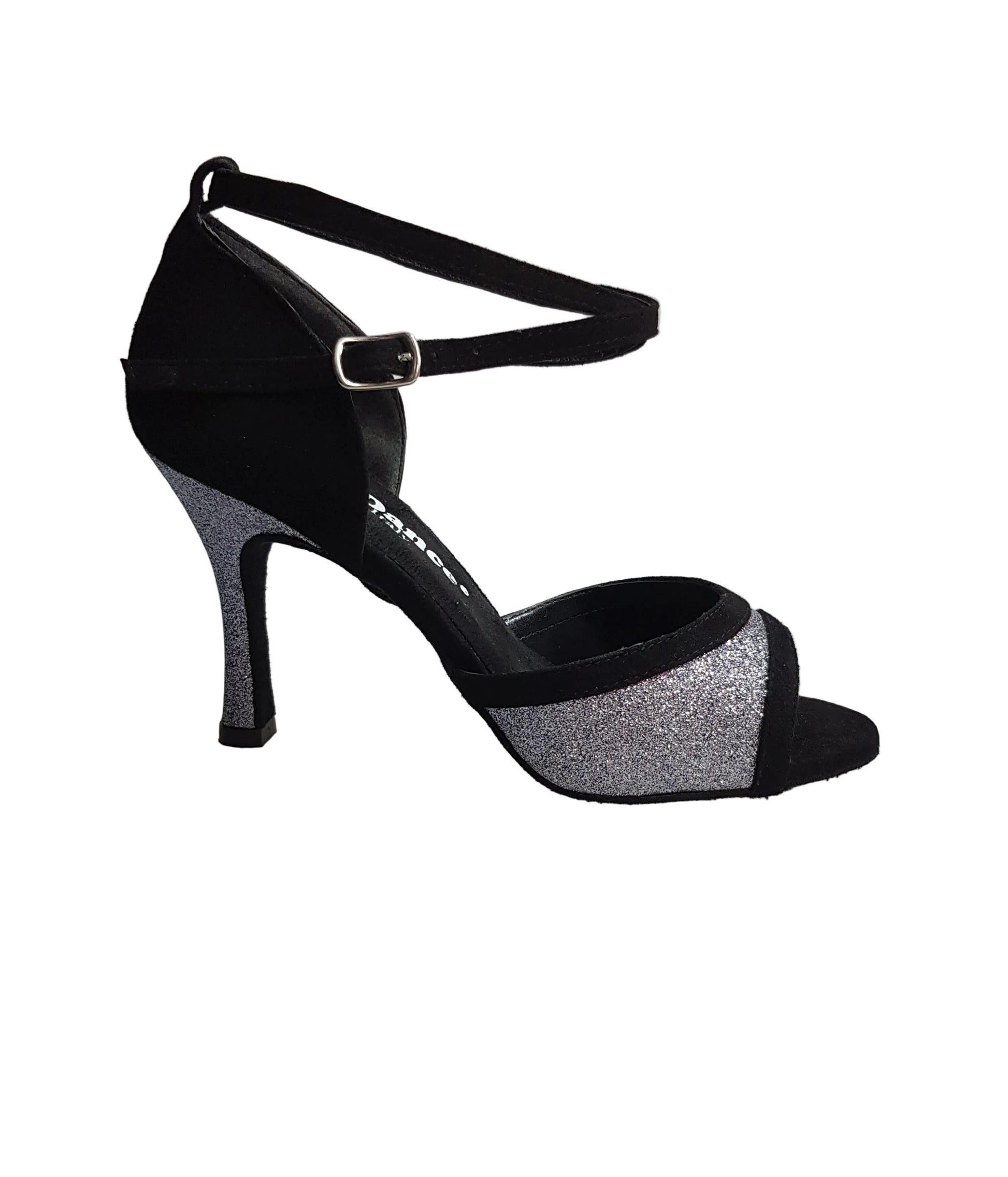 Sandalo donna Wendi/BO-N Wish Dance Shop in camoscio nero e glitter grigio carbonio, con cinturino e suola in gomma.