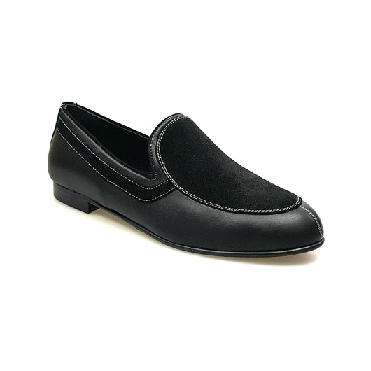 ROMEO (800K) - Mocassino Pelle Nera Camoscio Nero cuciture bianche Foderato in Pelle Nera