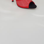 Carica immagine nella Galleria, Sandalo donna Hera (460) in camoscio rosso con borchie a specchio e tacco a spillo, marca Wish Dance Shop.
