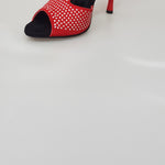Carica immagine nella Galleria, Sandalo da donna Hera in camoscio rosso con borchie a specchio e tacco a spillo, di Wish Dance Shop.
