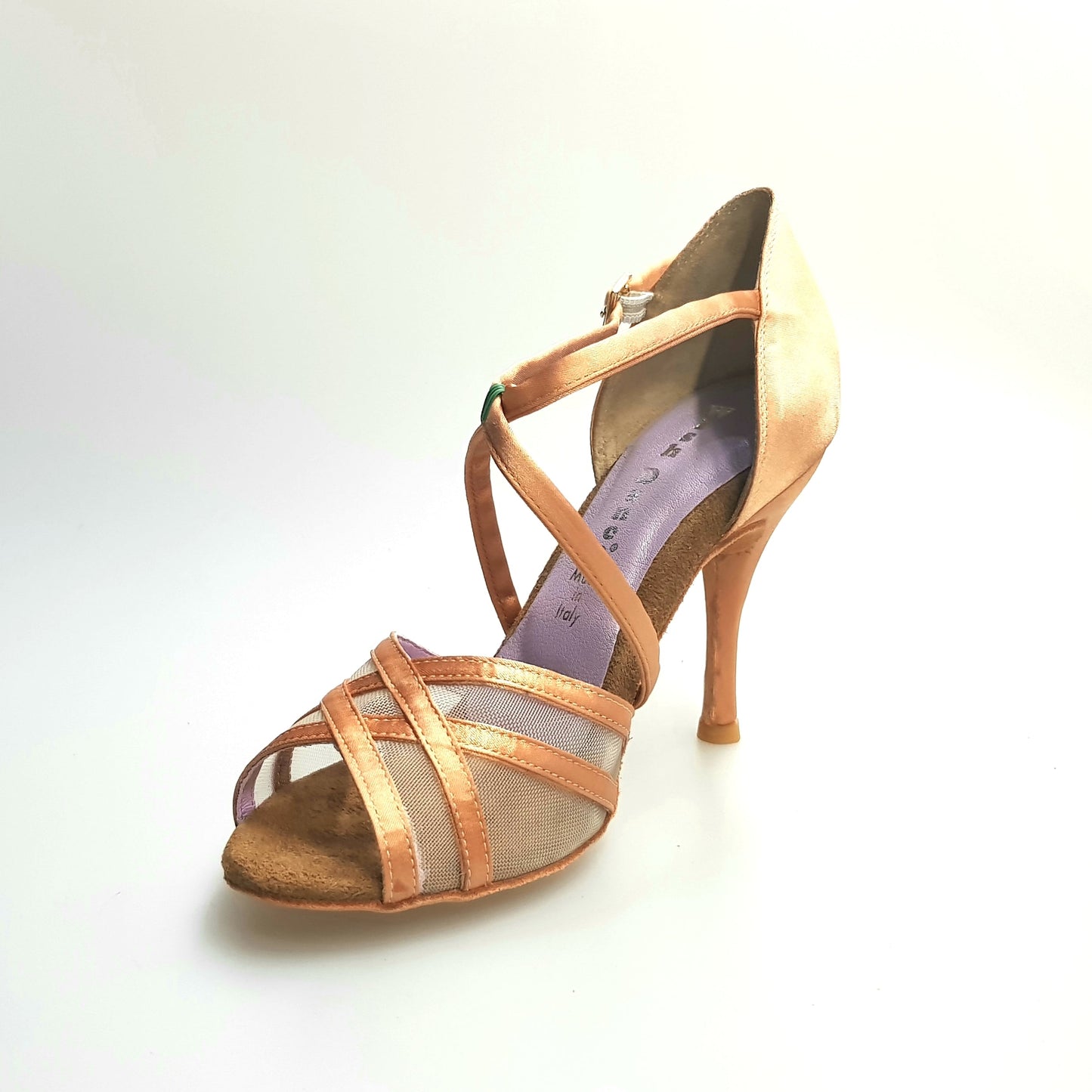 Scarpa Wishdance Melany QC donna in raso carne con retina, cinturino incrociato, tacco spillo e cuscino memorex, vista frontale