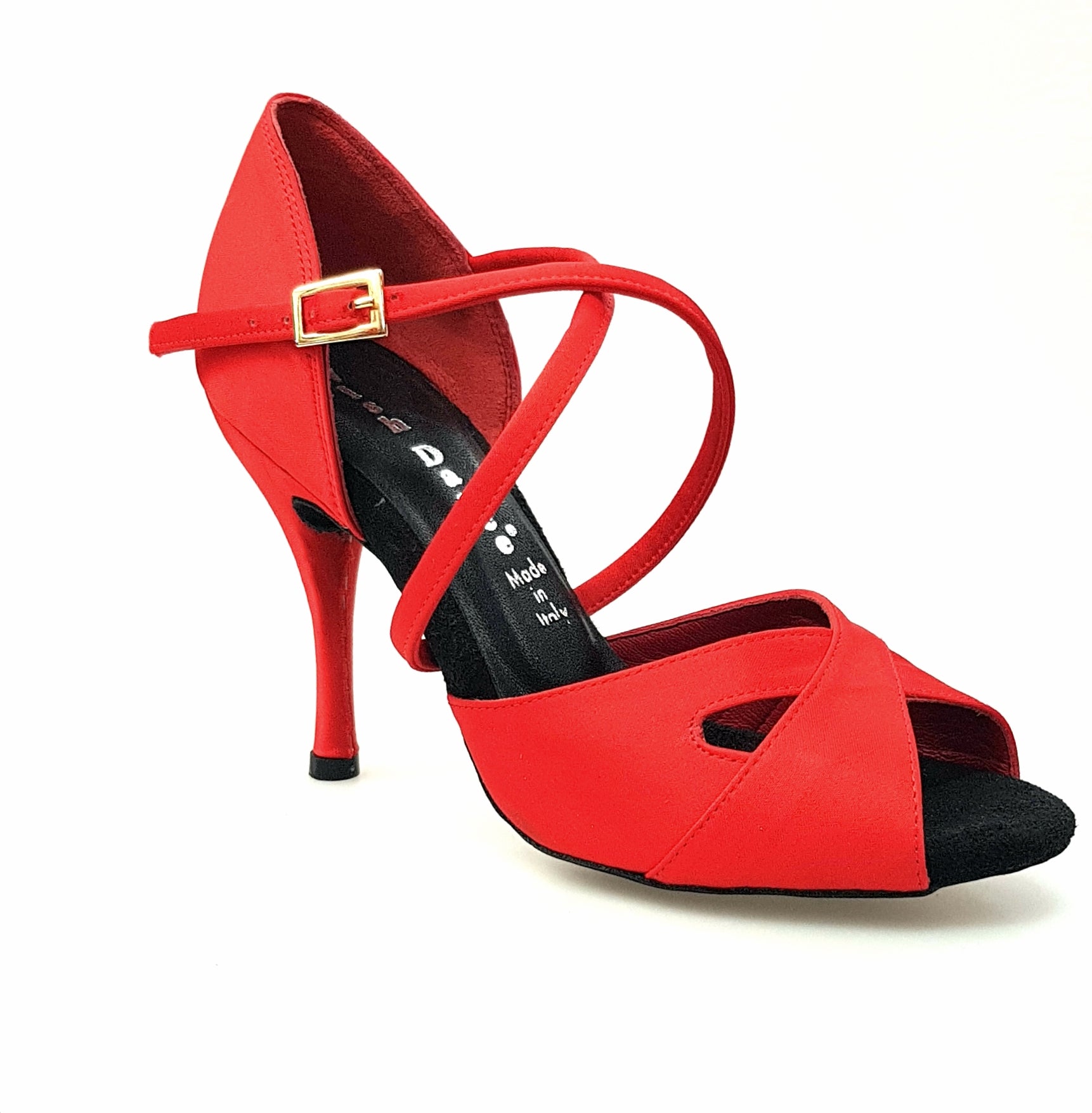 Scarpa da donna Ely QC in raso di seta rossa, con cinturino incrociato, tacco a spillo e cuscino memorex, vista frontale.