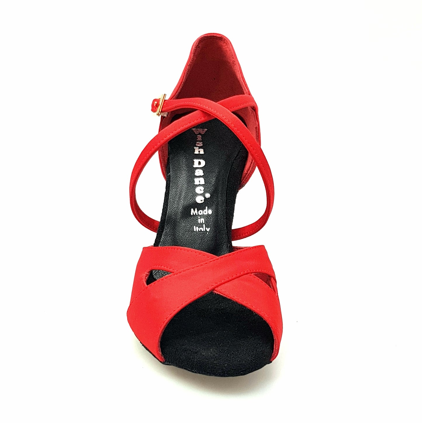 Scarpa da donna Ely QC in raso di seta rossa con cinturino incrociato, tacco a spillo e cuscino memorex, vista frontale.