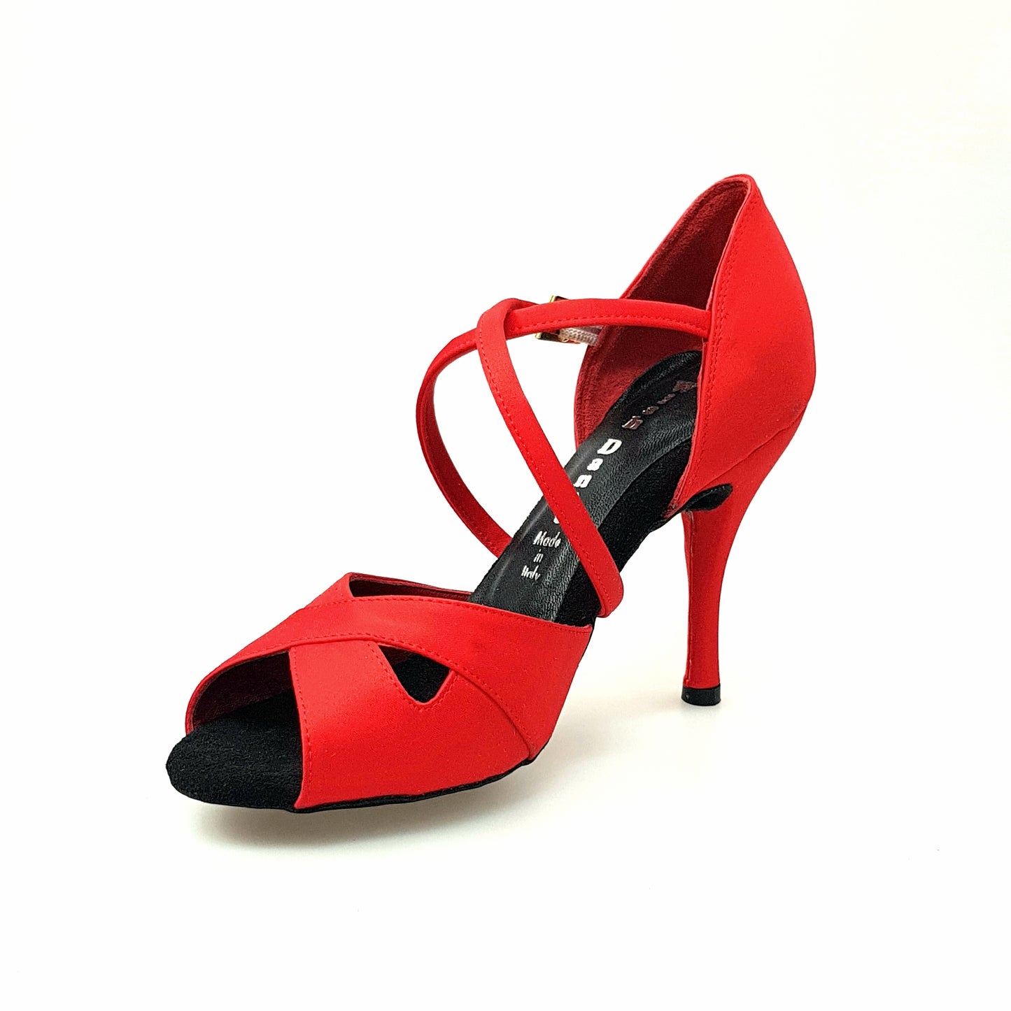 Scarpa Donna Ely QC in raso di seta rosso con cinturino incrociato, tacco a spillo e cuscino memorex, vista frontale.