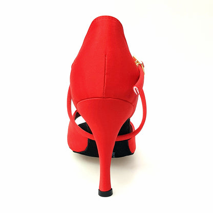 Scarpa basic da donna Ely QC in raso seta rosso con cinturino incrociato, tacco a spillo e cuscino memorex.