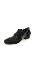 Adone (MS14) - Lace-up Dovetail Mod. Oxford Brogue Shoe in Suede and Black Patent Round Shape