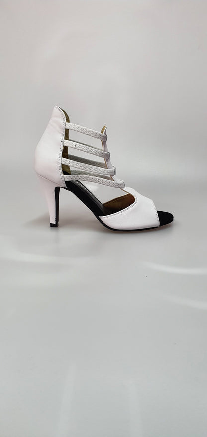 Sandalo da donna WhiteAngel (460PW) in vera pelle bianca con elastici e tacco a spillo, scarpa elegante Wish Dance Shop