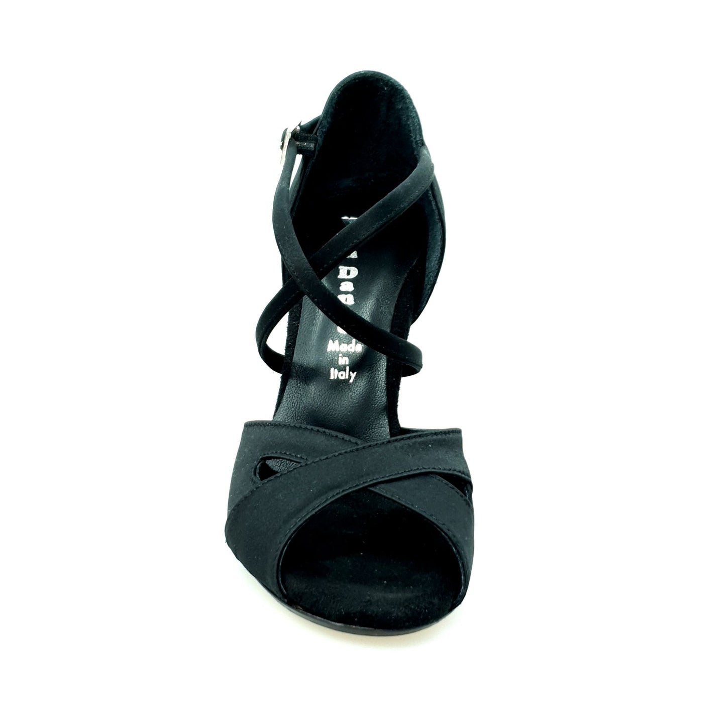 Scarpa donna Ely QC Wish Dance Shop in raso seta nero con cuscino memorex, cinturino incrociato e tacco a spillo.