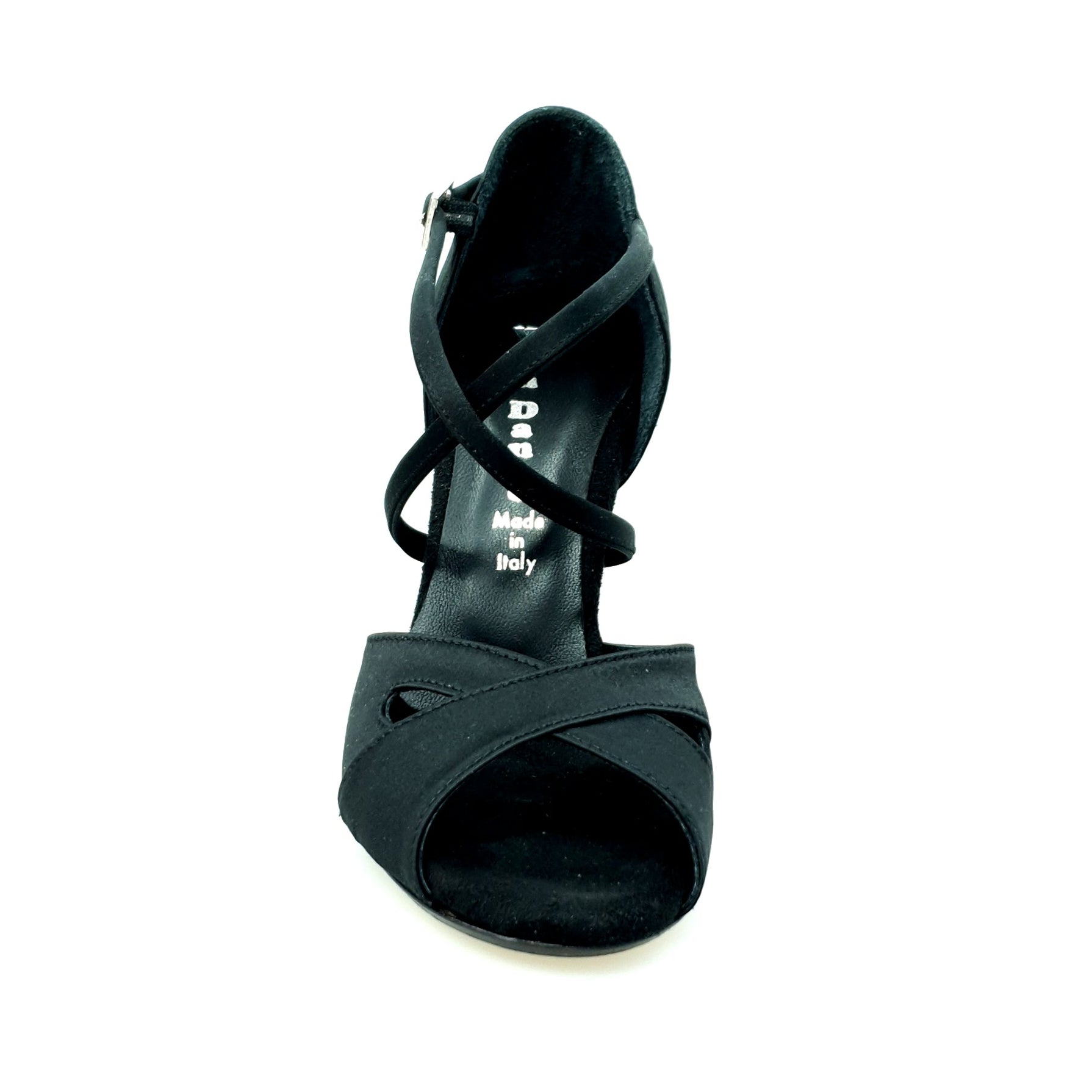 Scarpa donna Ely QC Wish Dance Shop in raso seta nero con cuscino memorex, cinturino incrociato e tacco a spillo.