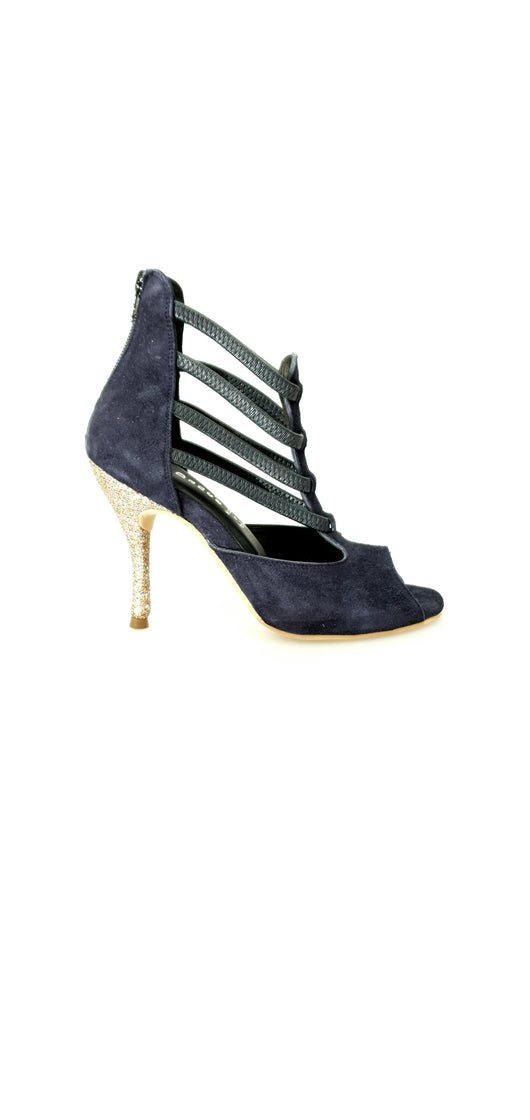 Woman's Sandal in Blue Suede with Elastics and Multicolor Stiletto Heel