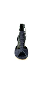 Woman's Sandal in Blue Suede with Elastics and Multicolor Stiletto Heel