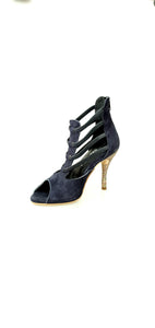 Woman's Sandal in Blue Suede with Elastics and Multicolor Stiletto Heel