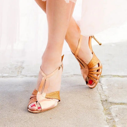 Sandalo da donna Wishdance Lidia (402 Lola) in glitter marrone e lurex rame con tacco a spillo laminato oro ramato.