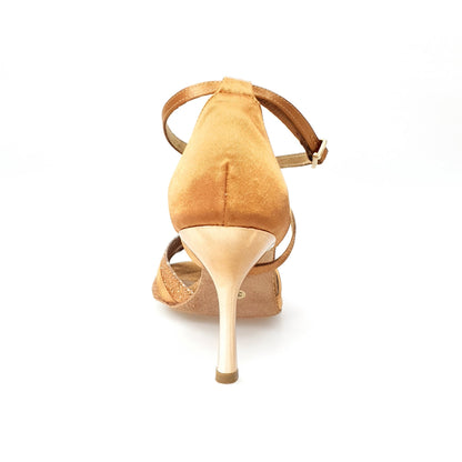 Scarpa donna Rosalinda QC 660A in raso seta bronzo con glitter, tacco squadrato sottile laminato oro ramato, Wish Dance Shop