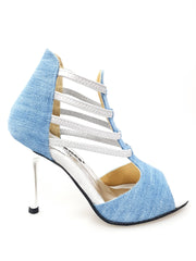 Carica immagine nella Galleria, Stone Wash (460PW) - Sandalo da Donna in Tessuto Jeans Chiaro con Elastici Argento e tacco a spillo laminato Argento
