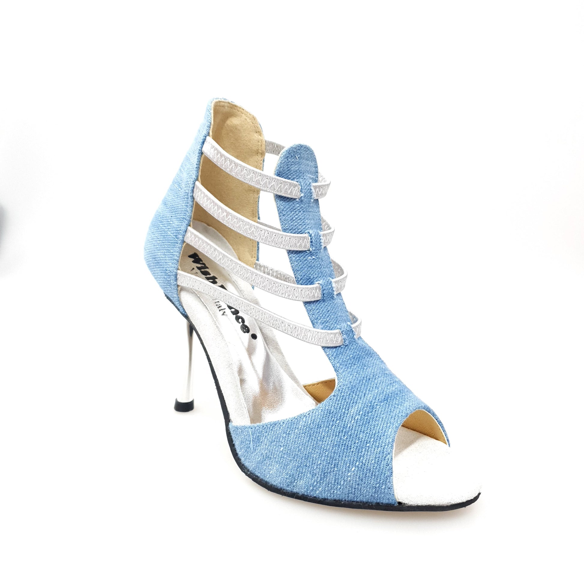 Sandali donna Wish Dance Shop Stone Wash 460PW in tessuto jeans chiaro con elastici argento e tacco a spillo laminato.