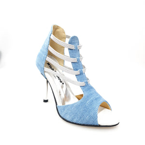 Stone Wash (460PW) - Woman's Sandal in Light Jeans Fabric with Silver Elastics and Silver Laminated Stiletto Heel