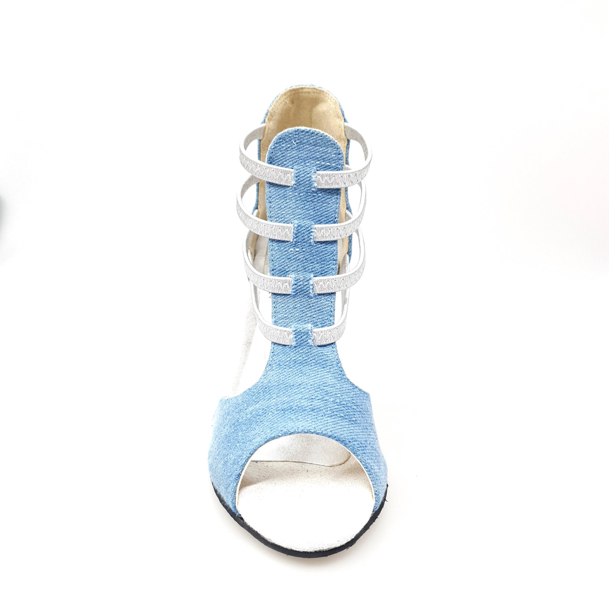 Sandalo donna Wish Dance Shop in tessuto jeans chiaro con elastici argento e tacco a spillo laminato argento, stile casual elegante.