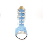 Load image into Gallery viewer, Stone Wash (460PW) - Woman&#39;s Sandal in Light Jeans Fabric with Silver Elastics and Silver Laminated Stiletto Heel
