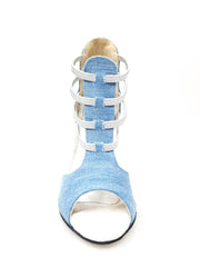 Carica immagine nella Galleria, Stone Wash (460PW) - Sandalo da Donna in Tessuto Jeans Chiaro con Elastici Argento e tacco a spillo laminato Argento
