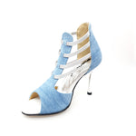 Load image into Gallery viewer, Stone Wash (460PW) - Woman&#39;s Sandal in Light Jeans Fabric with Silver Elastics and Silver Laminated Stiletto Heel
