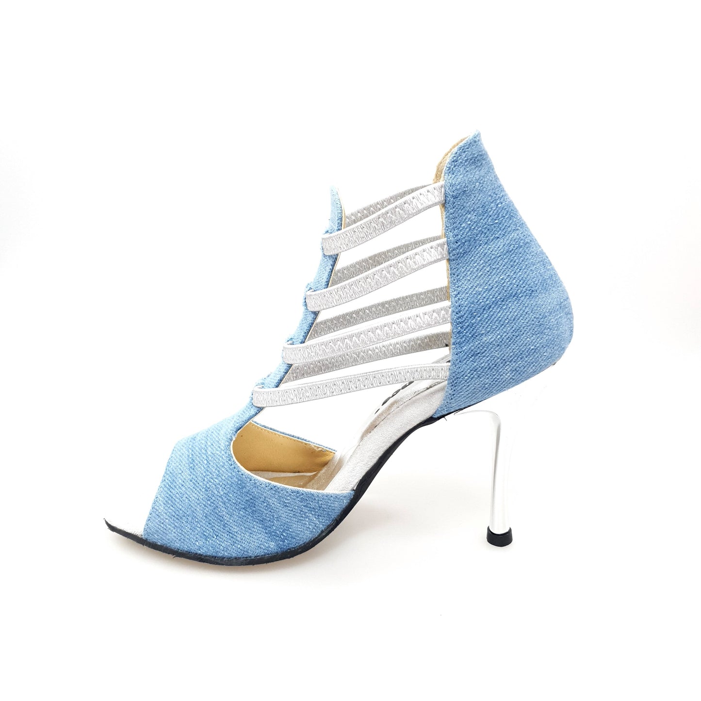Sandalo donna Stone Wash Wish Dance Shop in tessuto jeans chiaro, elastici argento e tacco a spillo laminato argento.