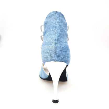 Sandalo donna Wish Dance Shop in tessuto jeans chiaro con elastici argentati e tacco a spillo laminato argento, modello Stone Wash (460PW).