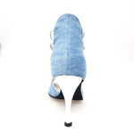 Load image into Gallery viewer, Stone Wash (460PW) - Woman&#39;s Sandal in Light Jeans Fabric with Silver Elastics and Silver Laminated Stiletto Heel
