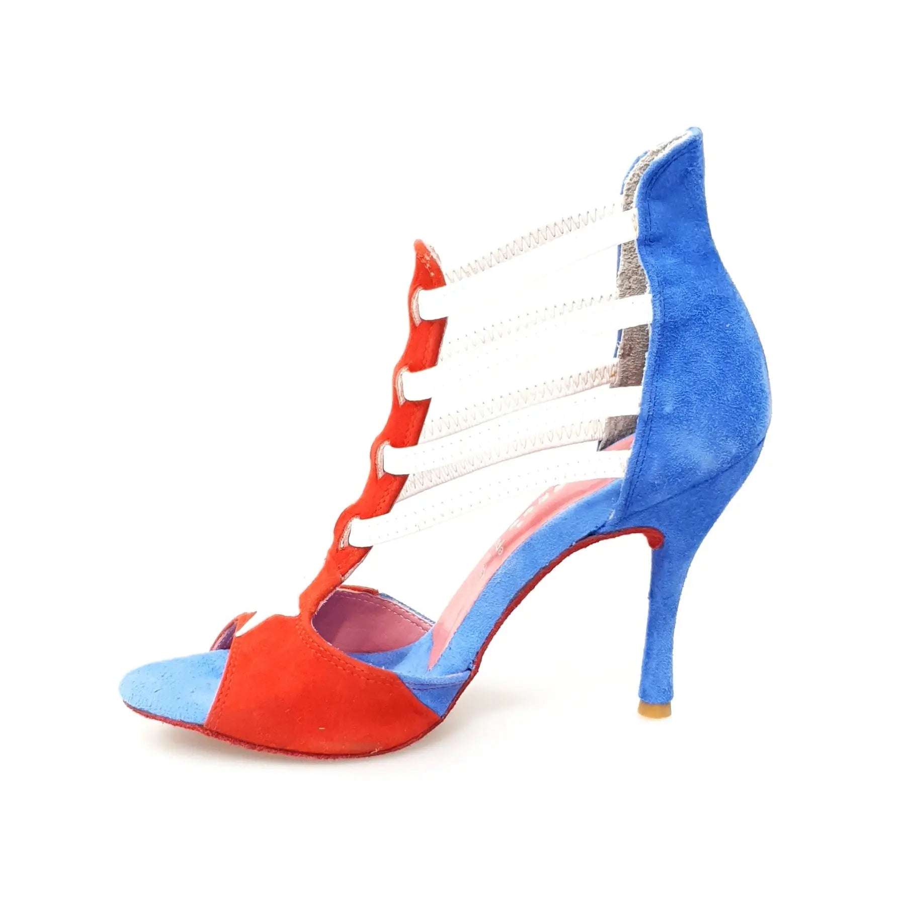 Sandalo da donna Wish Dance Lilith (460) in camoscio rosso e blu, stile bandiera di Cuba, con cinturino e suola sottile.