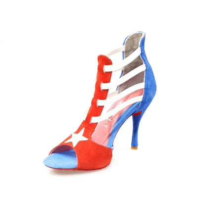 Sandalo donna Wish dance Lilith (460) in camoscio rosso e blu, stile bandiera di Cuba, con cinturino e suola piatta.