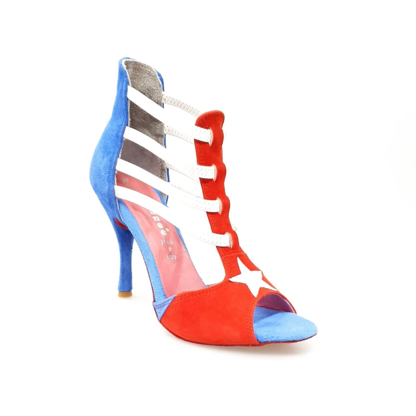 Sandalo da donna Wish Dance Lilith (460) in camoscio rosso e blu, stile bandiera di Cuba, con design elegante e dettagli colorati