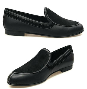ROMEO (800K) - Mocassino Pelle Nera Camoscio Nero cuciture bianche Foderato in Pelle Nera