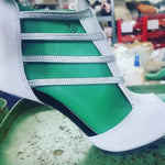 Load image into Gallery viewer, Tatyana (460PW) - Woman&#39;s Sandal in White Leather with Silver Elastics and Silver Laminated Stiletto Heel
