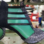 Load image into Gallery viewer, London (460PW) - Sandal in Kristal Carbon with Black Suede Heel and Black Enameled Stiletto Heel
