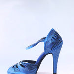 Carica immagine nella Galleria, Alexa (LP4) - Scarpa da Ballo in Raso Seta Blu Royal con Swarovski Celeste e Blu con Tacco Alto a Spillo Largo
