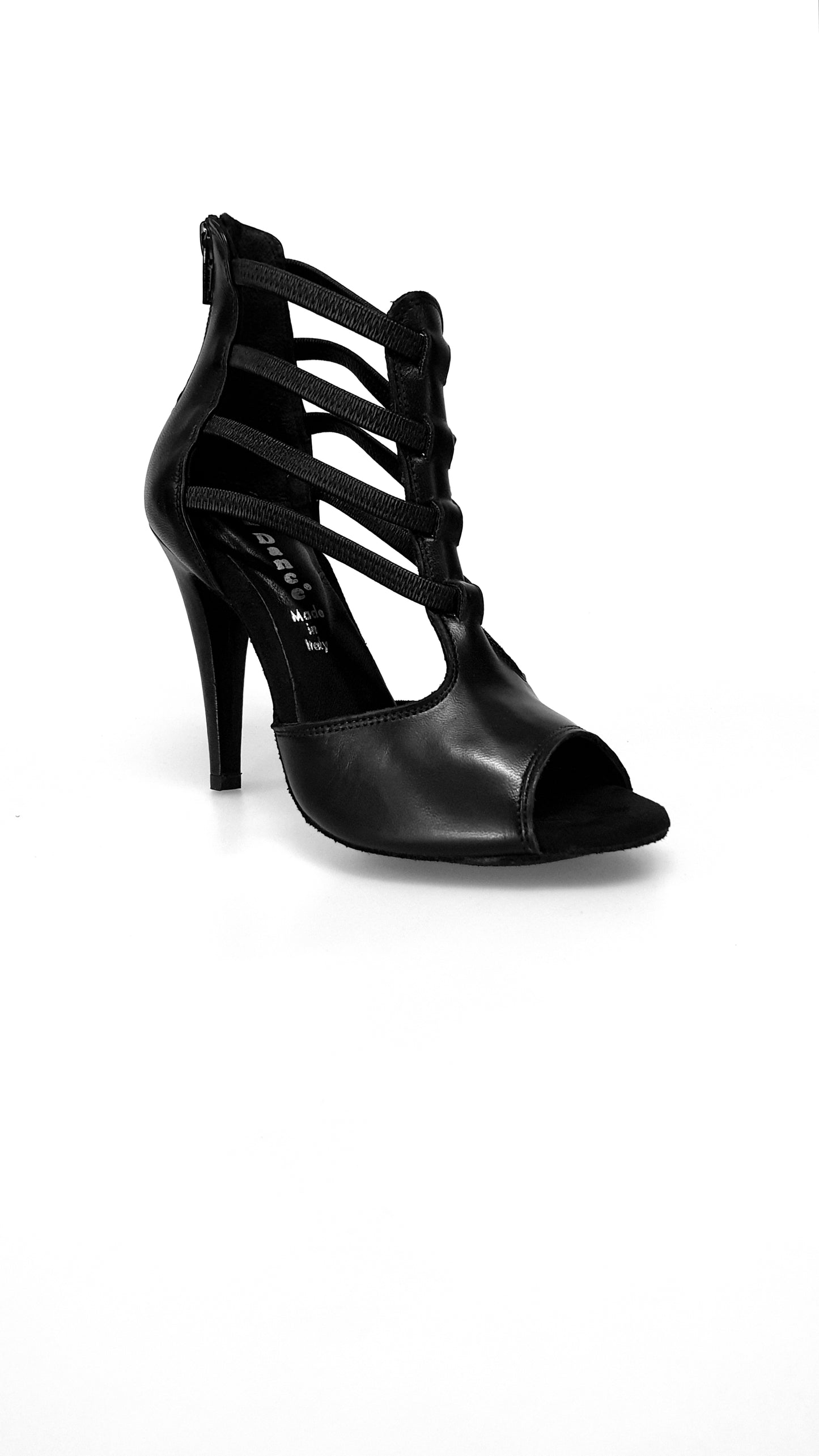 Sandalo donna Wish Dance Shop Lilith (460) in pelle nera con elastici, tacco alto a spillo largo, design elegante e moderno.