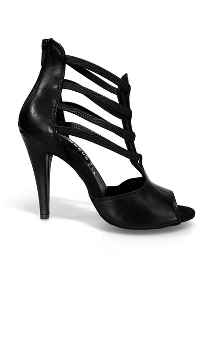 Sandalo donna Lilith in pelle nera Wish Dance Shop, elastici neri, tacco alto a spillo largo, design elegante e sofisticato.