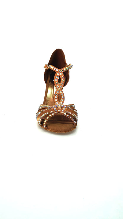 Scarpa da ballo CAMILA Superb L13 in raso seta bronzo con Swarovski Boreali e tacco a spillo laminato oro ramato