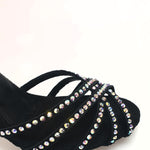 Load image into Gallery viewer, LUENIA QB Plus (45QB) - Scarpa da Ballo da Donna in Raso Seta Nero con 5 strisce Senza Rete cinturino incrociato alla caviglia e Swarovski Disegno Fantasy Tacco a Rocchettino
