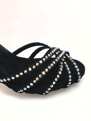 Carica immagine nella Galleria, LUENIA QB Plus (45QB) - Scarpa da Ballo da Donna in Raso Seta Nero con 5 strisce Senza Rete cinturino incrociato alla caviglia e Swarovski Disegno Fantasy Tacco a Rocchettino

