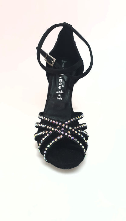 Sandalo da donna LUENIA QB Plus in raso seta nero con cinturino incrociato alla caviglia, dettagli Swarovski e tacco a rocchetto.
